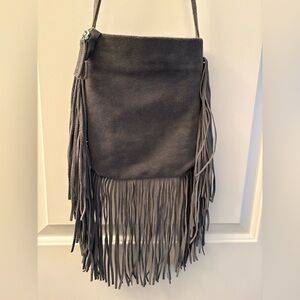 Gray Fringe Suede Shoulder Bag